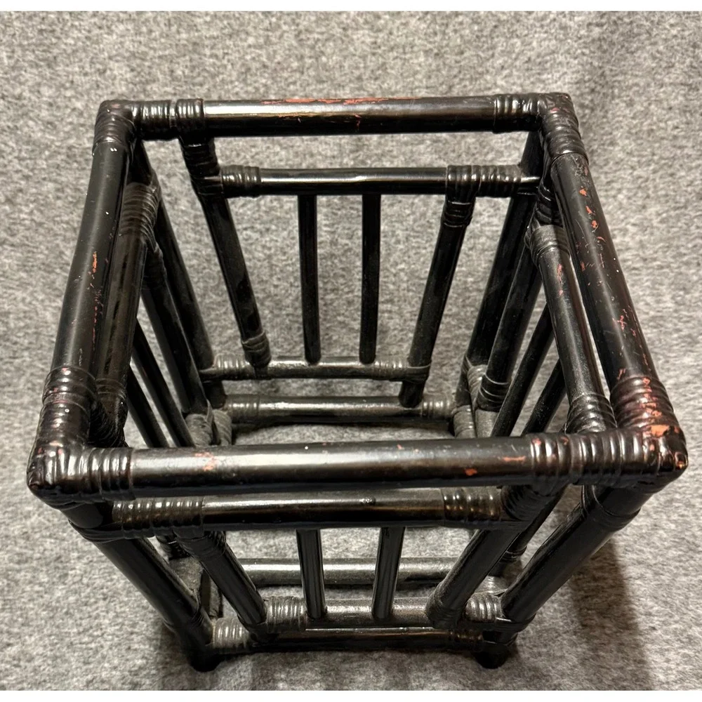 VTG Black Rattan Faux Bamboo Square Planter Basket Storage Chinoiserie Style